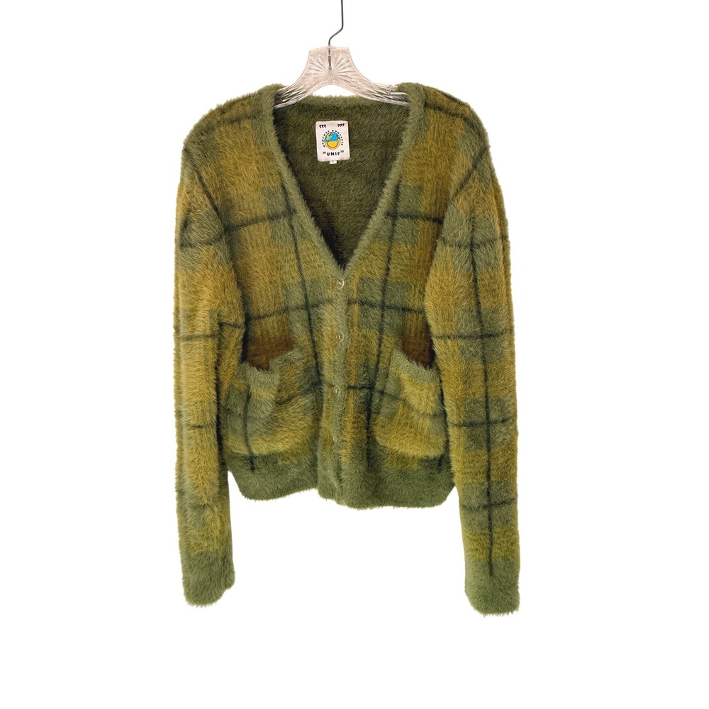UNIF Ty Cardigan Women's Green Fuzzy Plaid Oversized Soft Boxy Button Up Small